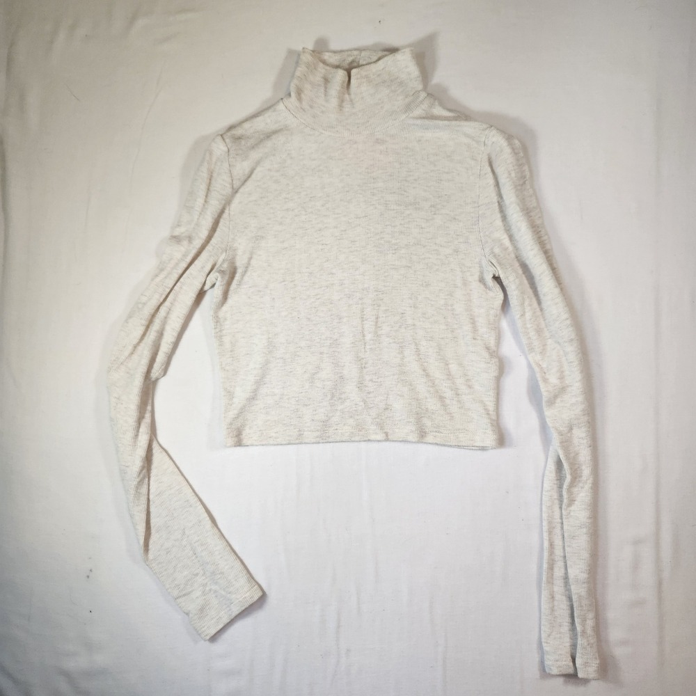Wilfred Aritzia Turtleneck Top Small Heathered Oatmeal Ribbed Cropped LongSleeve